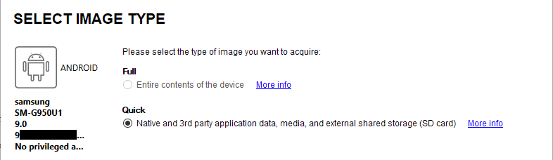 Figure 6: Selecting the Quick image type in ACQUIRE